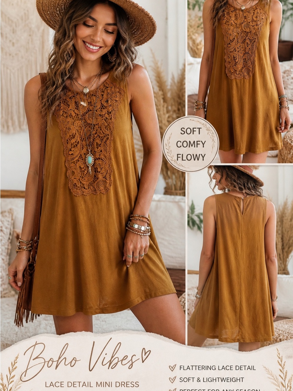 Boho Lace Detail Mini Dress Mustard | Flowy Swing Tunic Festival Western S